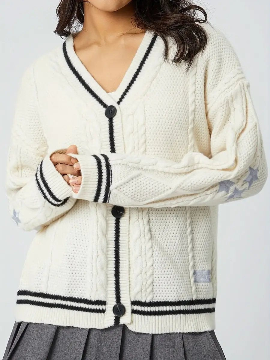 Star Embroidered V-Neck Long Sleeve Cardigan - Love Salve